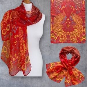 Vintage Peacock Bird Paisley Floral Silk Retro Artisy Whimsical Shaw Scarf